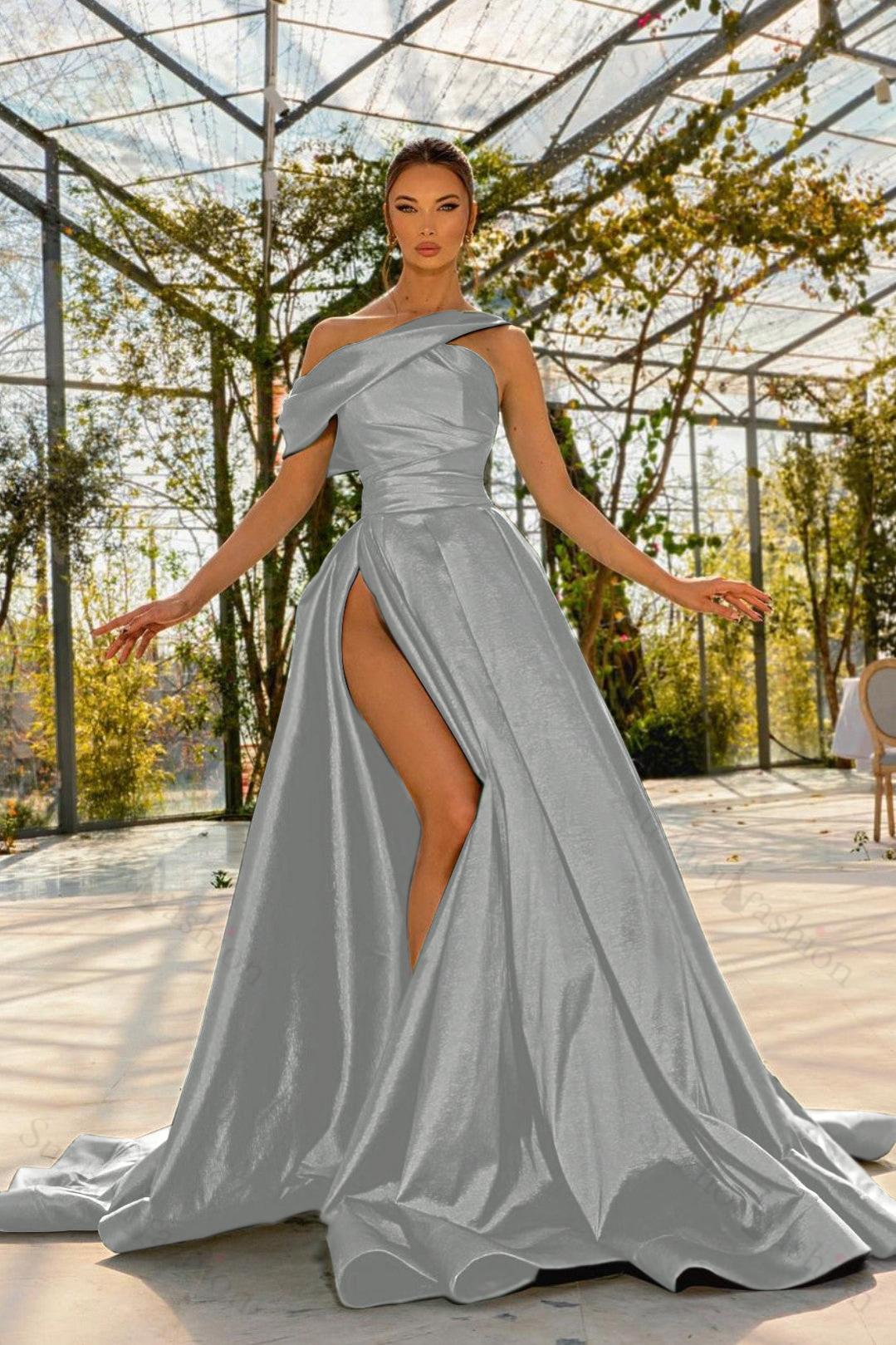 Green Prom Dress One Shoulder Satin Sleeveless Evening Formal Dress With High Split