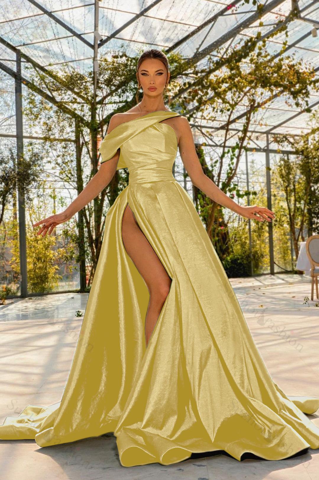 Green Prom Dress One Shoulder Satin Sleeveless Evening Formal Dress With High Split