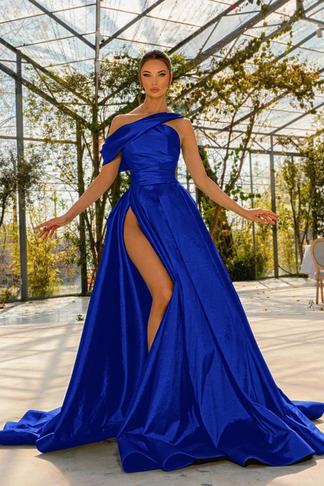 Green Prom Dress One Shoulder Satin Sleeveless Evening Formal Dress With High Split