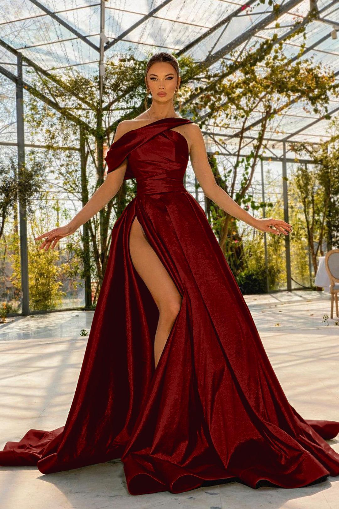 Green Prom Dress One Shoulder Satin Sleeveless Evening Formal Dress With High Split