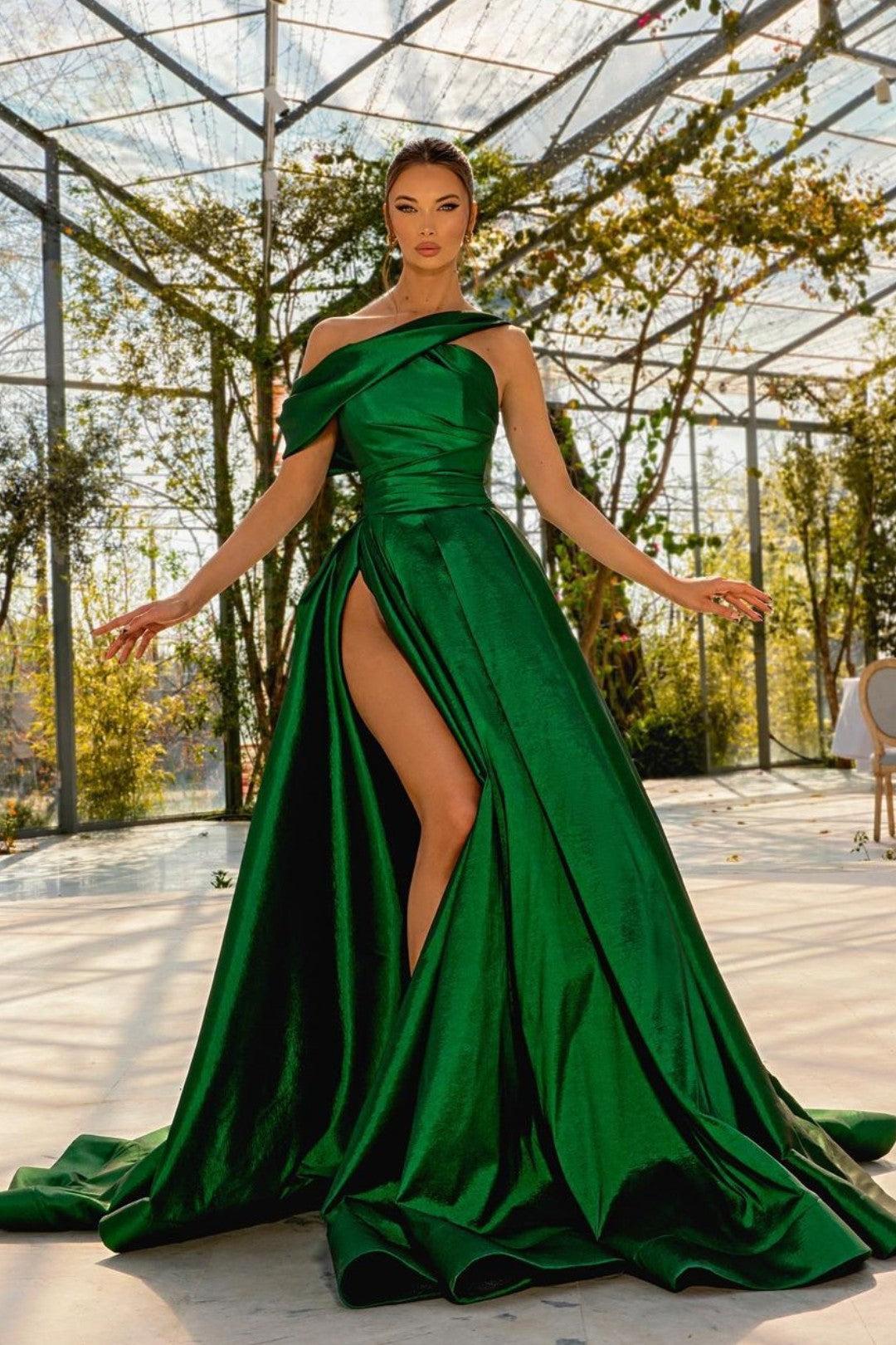 Green Prom Dress One Shoulder Satin Sleeveless Evening Formal Dress With High Split