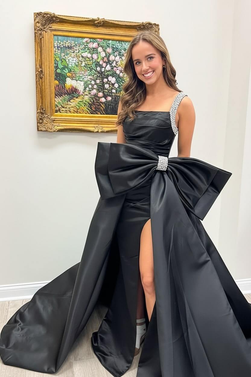 Green Prom Dress Satin Beaded A Line Long Pageant Dress With Bow