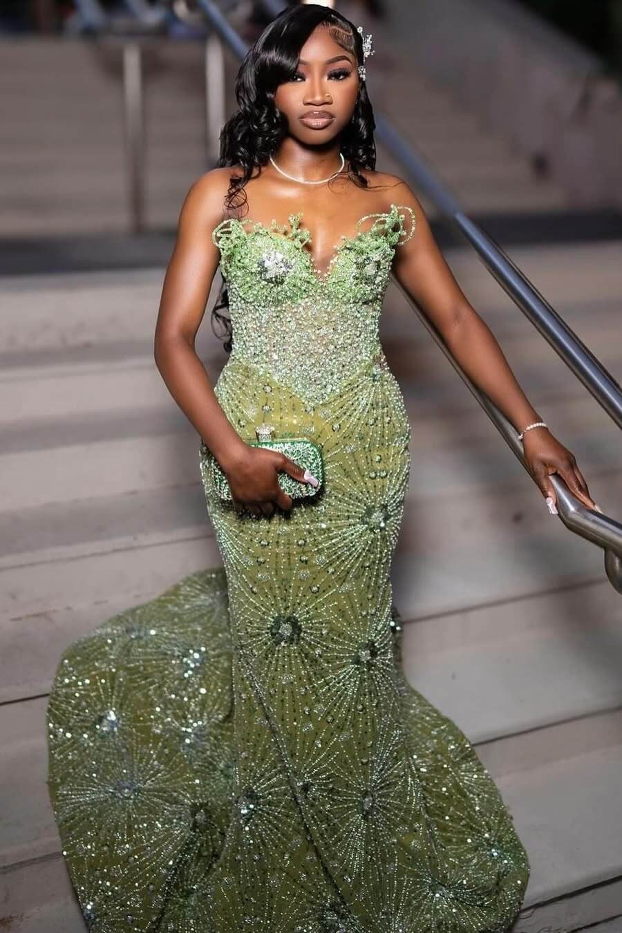 Green Prom Dress Sleeveless Formal Evening Gown with Rhinestones and Beadings