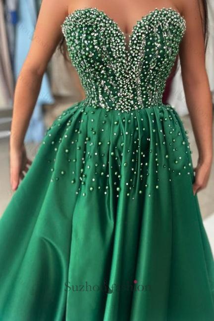 Green Prom Dress Sweetheart Beaded A Line Satin Slit Formal Dress