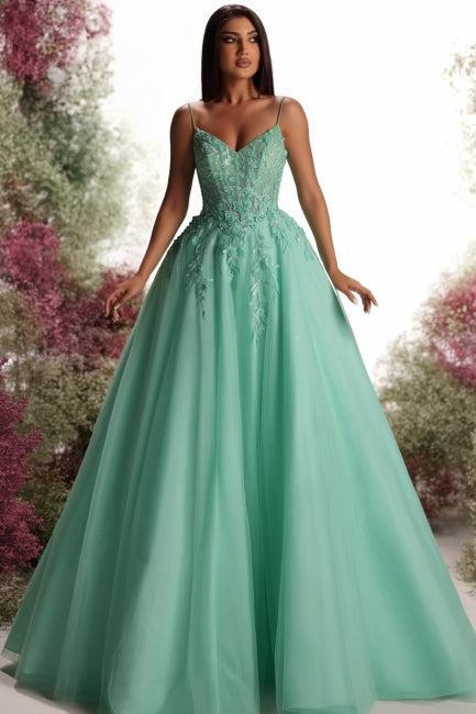 Green Prom Dress V Neck A Line Spaghetti Strap Sleeveless Ball Gown 3D Flowers Tulle Formal Dress