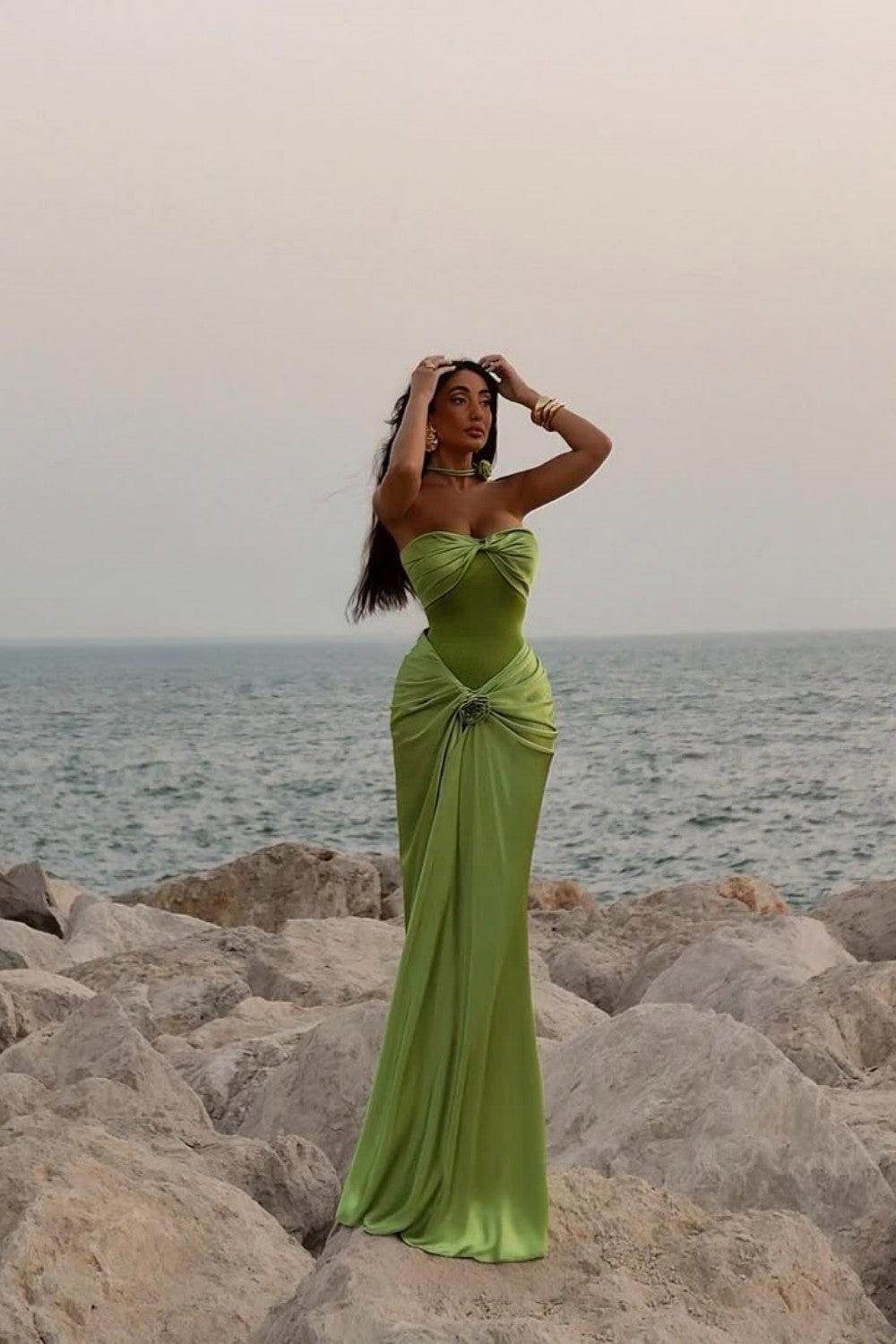 Suzhoufashion Green Ruched Bodice Mermaid Draped Maxi Prom Dress With Rosette Detail Formal Evening Gown