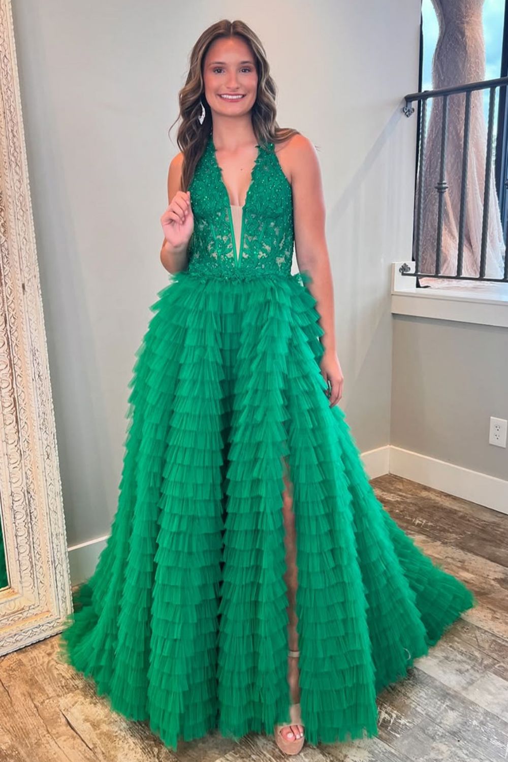 Green A-Line V-Neck Lace Top Long Tulle Prom Dress with Slit