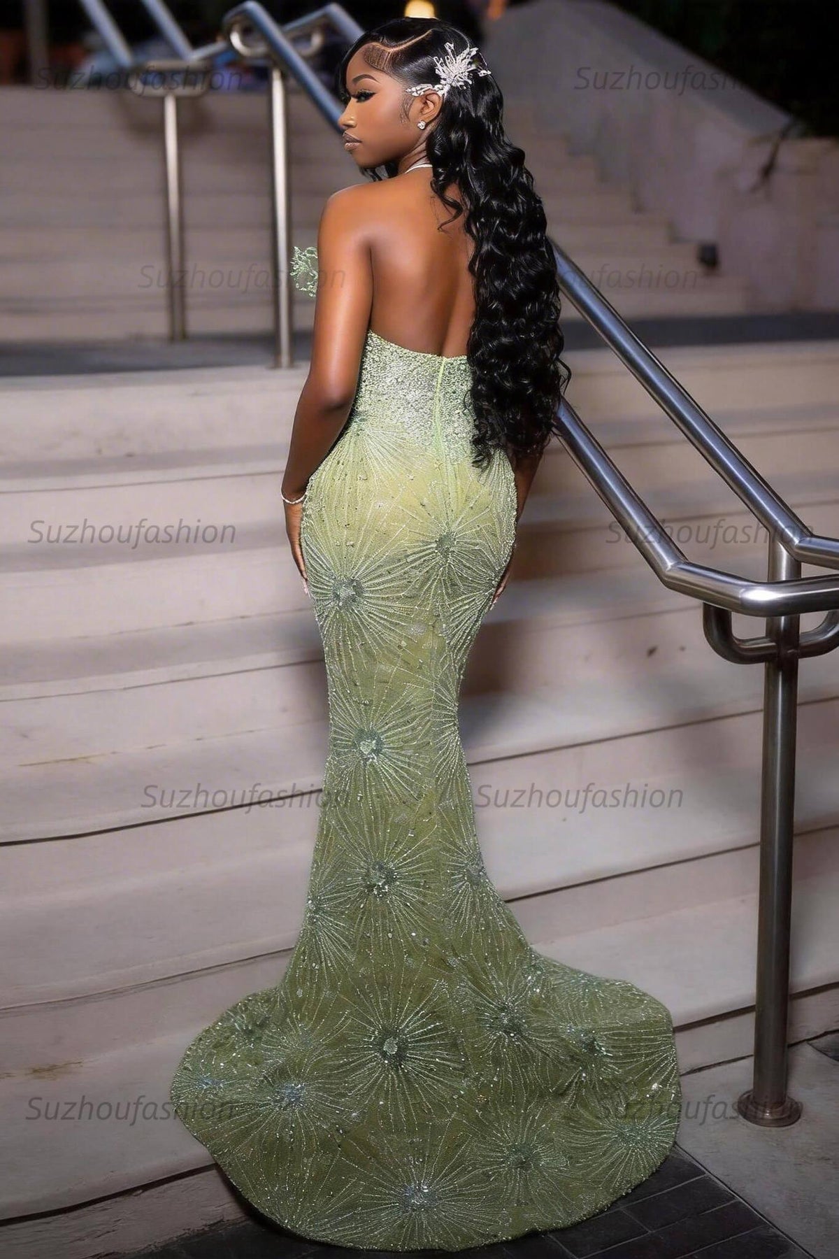 Green Prom Dress Sleeveless Formal Evening Gown with Rhinestones and Beadings