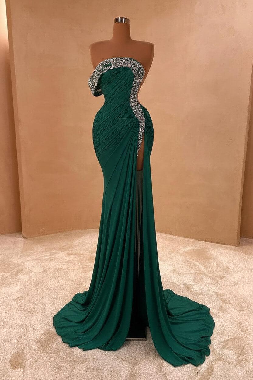 One Shoulder Sleeveless Long Split Evening Formal Dress With Pleated Sequined