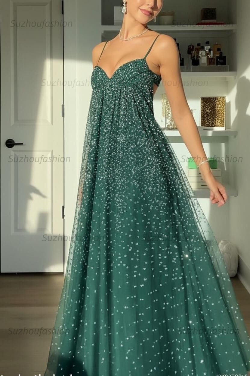 Suzhoufashion Bling A Line Spaghetti Straps Grey Blue Long Party Dress With Beading Formal Evening Gown