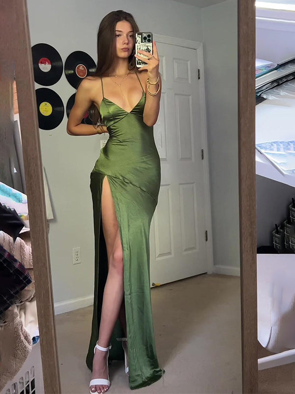Green Sexy Spaghetti Straps Soft Satin Long Party Dress - VelvetHem