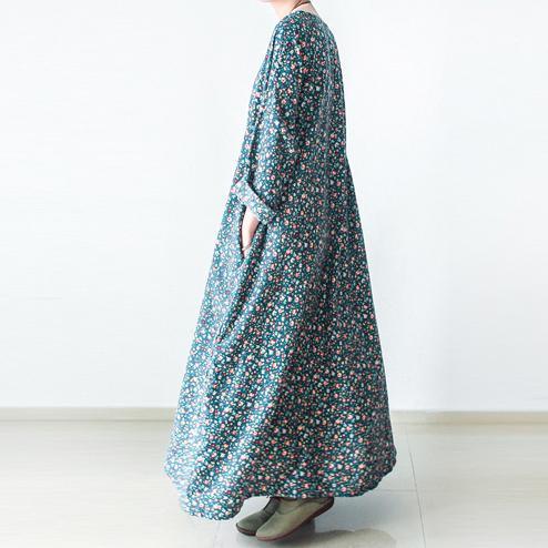 Green Floral Plus Size Cotton Dresses Long Sleeve Dresses Print Maxi Dresses