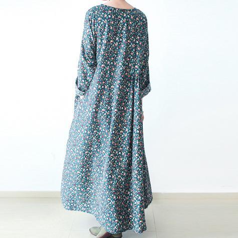 Green Floral Plus Size Cotton Dresses Long Sleeve Dresses Print Maxi Dresses