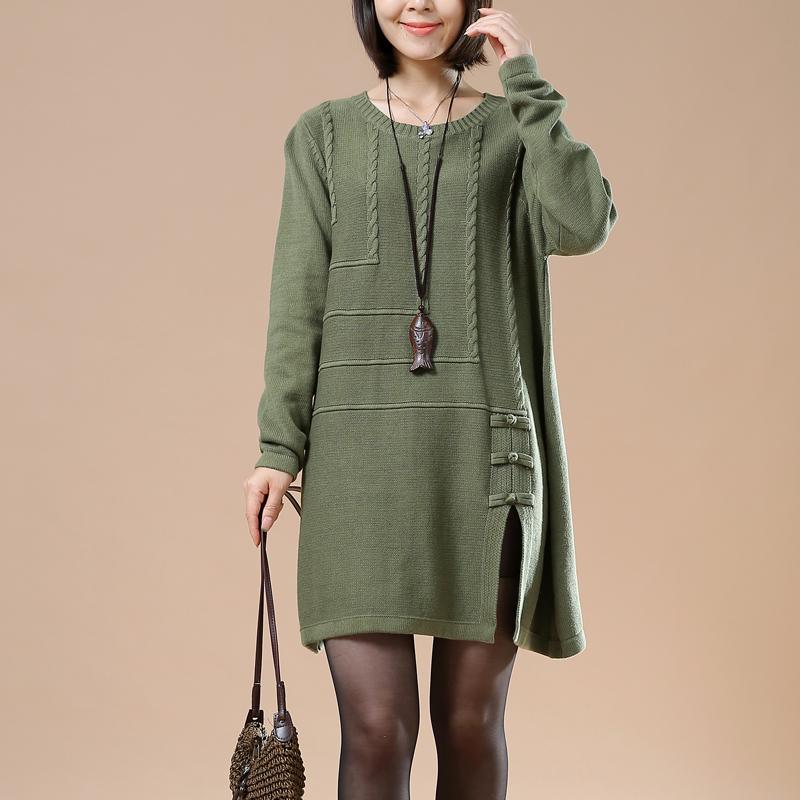 Green vintage sweaters women plus size knit tops dresses open hem