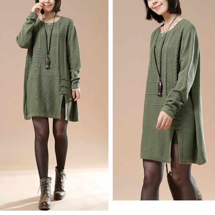 Green vintage sweaters women plus size knit tops dresses open hem