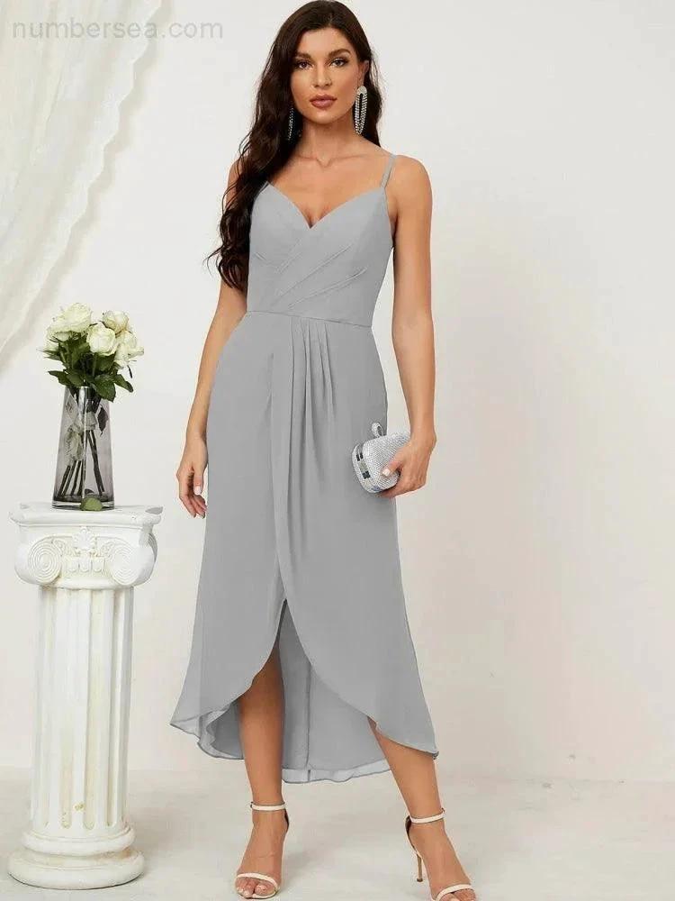 ZapDress Spaghetti Chiffon V Neck Bridesmaid Dress Mid-Length Slit Formal Prom Dress Homecoming Dress 2803 (ZD16952)