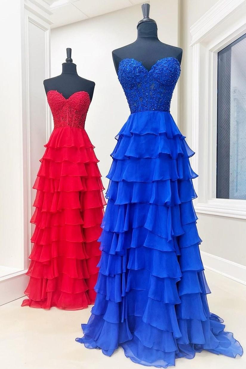 Pink Prom Dress A-Line Tiered Chiffon Long Formal Dress With Lace