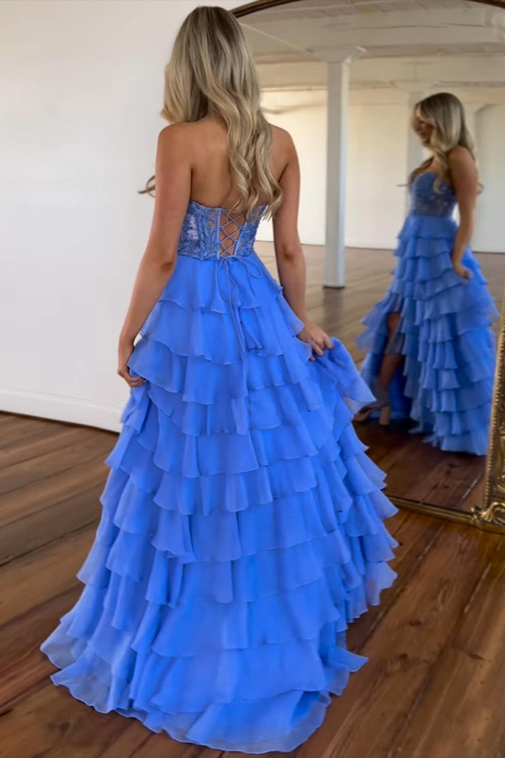 Pink Prom Dress A-Line Tiered Chiffon Long Formal Dress With Lace