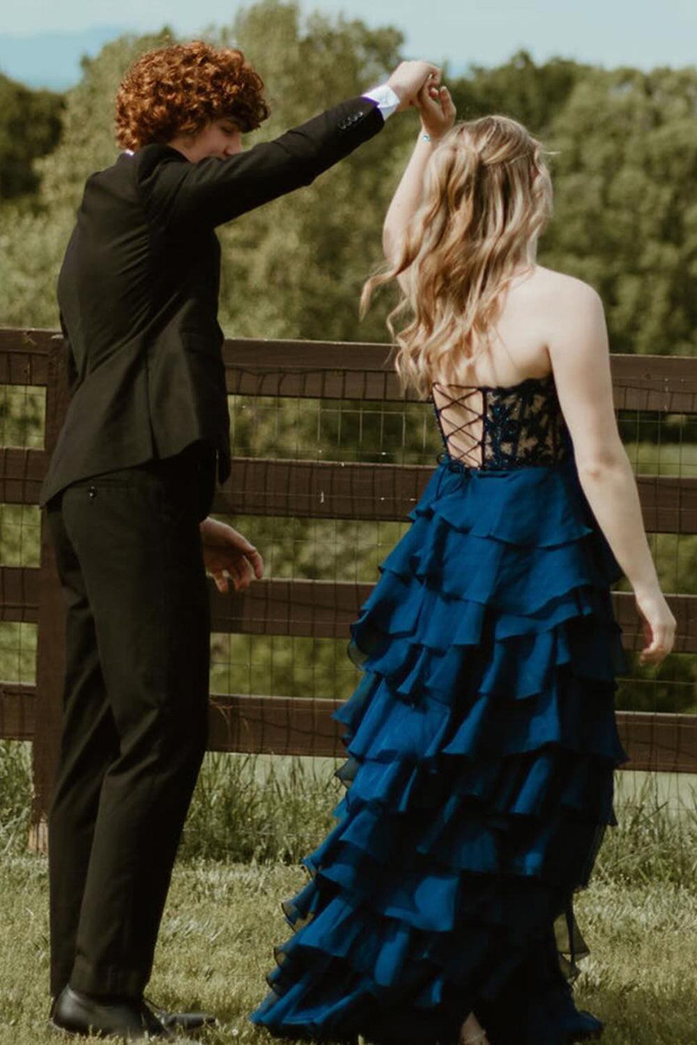 Pink Prom Dress A-Line Tiered Chiffon Long Formal Dress With Lace
