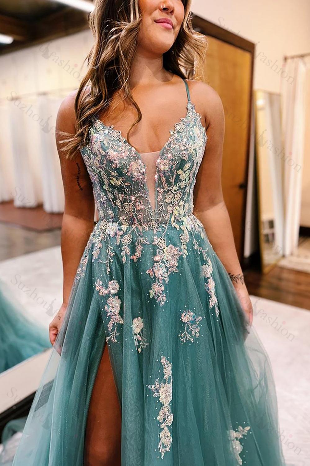 Grey Blue Prom Dress Floral Spaghetti Straps Formal Dress With Slit