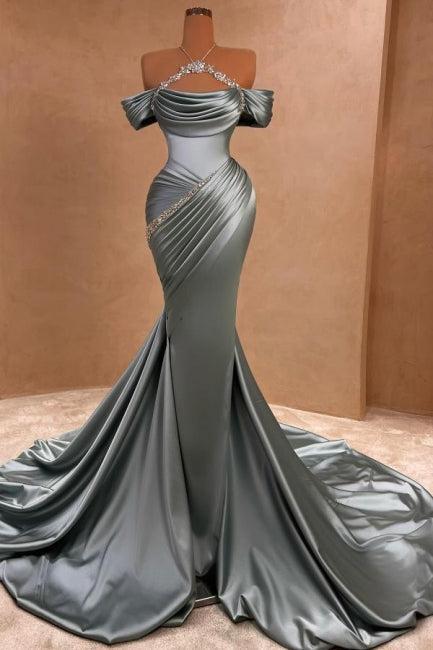 Grey Blue Prom Dress Mermaid Strapless Halter Off The Shoulder Beaded Satin Formal Dress