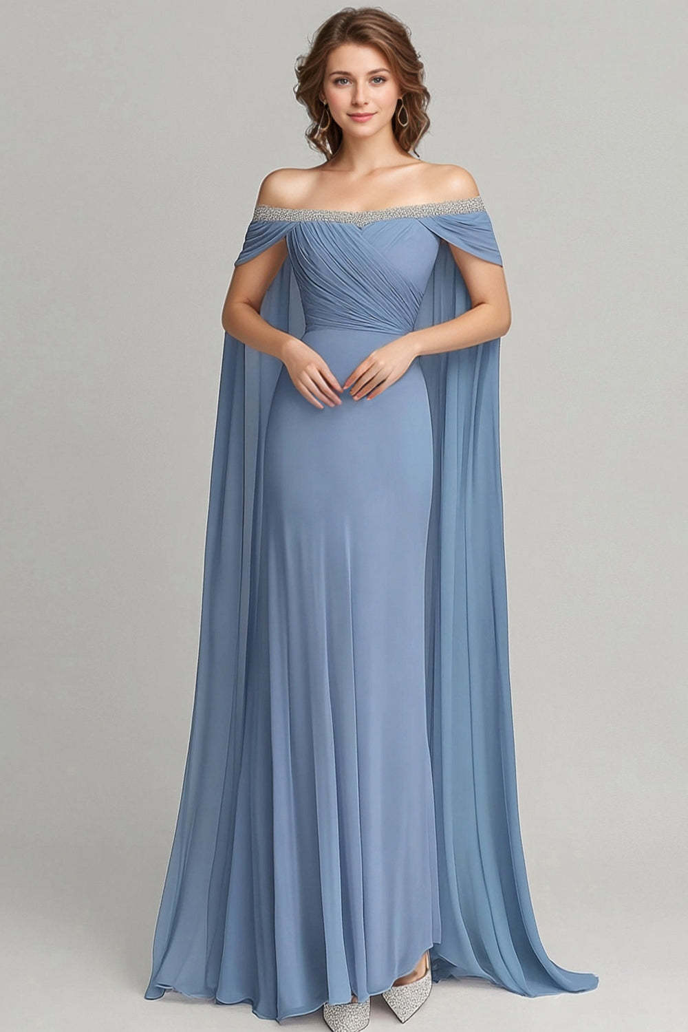 Grey Blue Wedding Guest Dress Chiffon Off The Shoulder Formal Dress With Cape