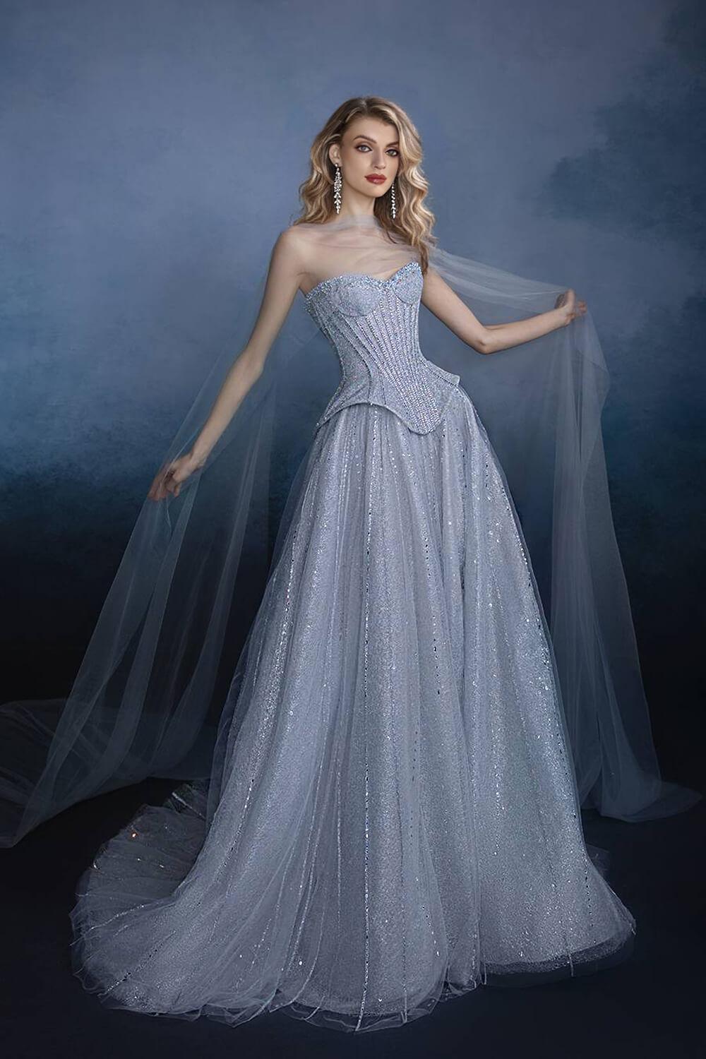 Grey Corset Dress A Line Sweetheart Tulle Prom Dress with Beadings and Rhinestones