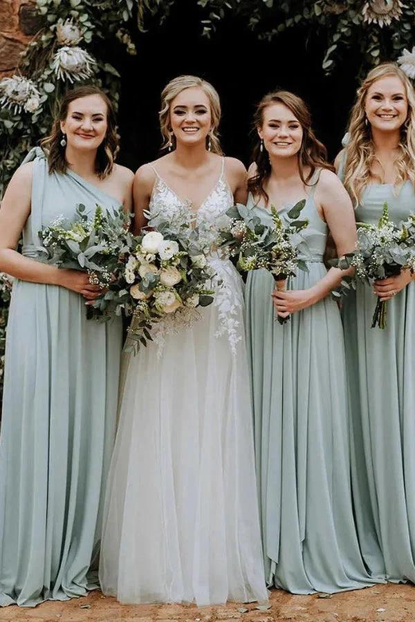 Grey Green One Shoulder Sweep Train Chiffon Bridesmaid Dress (ZD13278) - VelvetHem