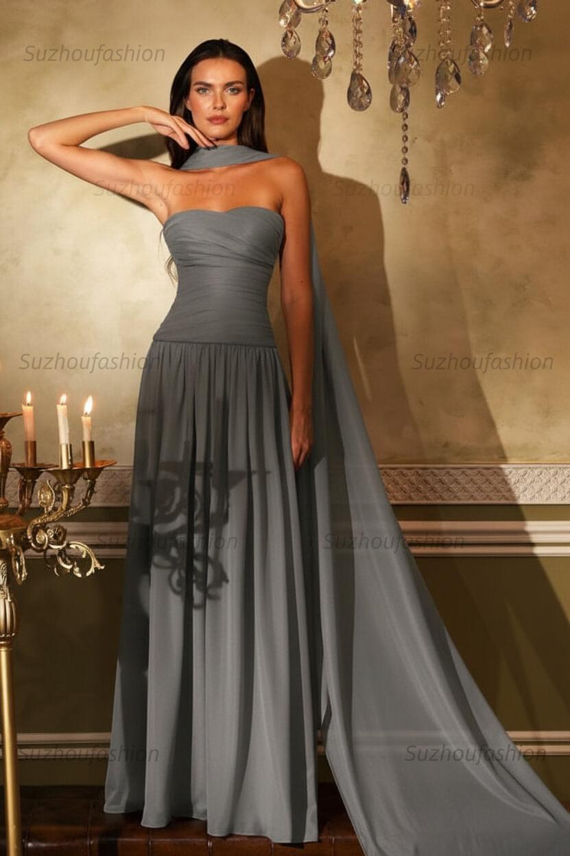 Chiffon Strapless Sleeveless Long Evening Formal Dress With Ruffled Pleated