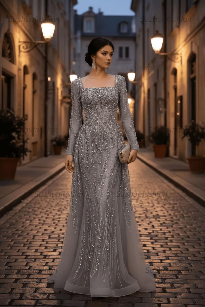 Square Neck Long Sleeves Long Mermaid Evening Formal Dress With Beading Tulle