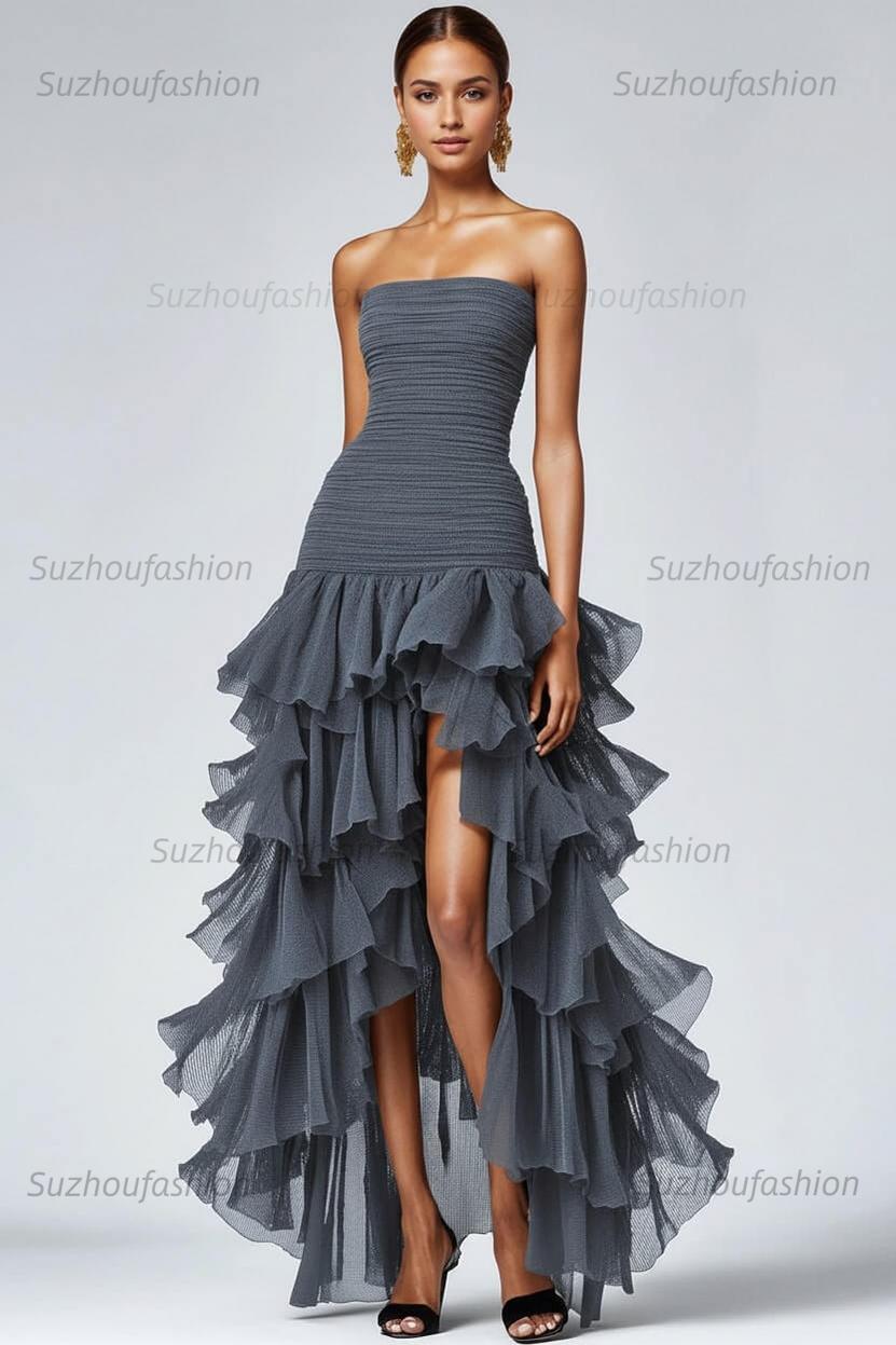 Black Wedding Guest Dress Strapless Tulle Long Ruffled Formal Dress With Slit