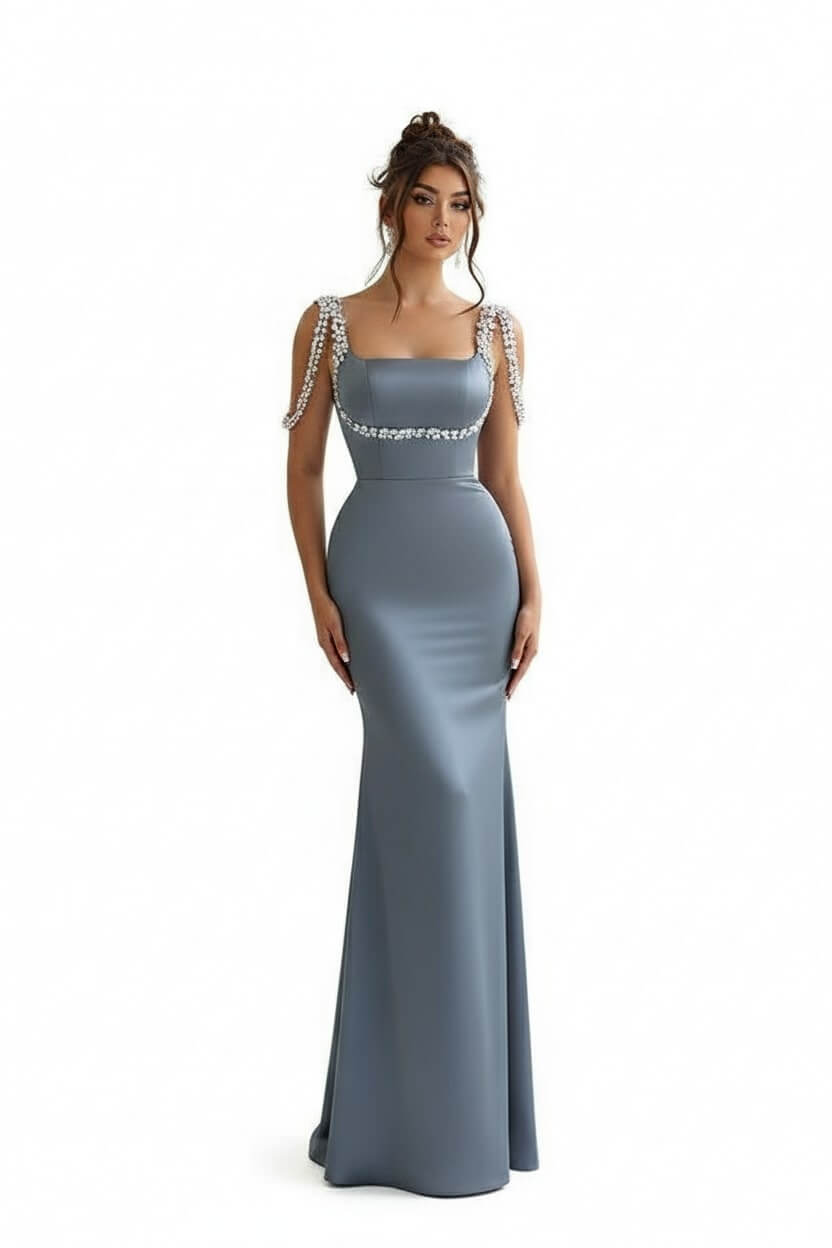Amazing Sparkle Beaded Straps Fuchsia Column Satin Floor length Evening Prom Dresses