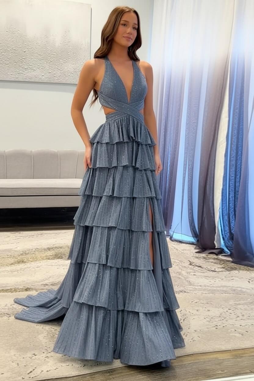 Halter Silver Prom Dress Tiered A-Line Long Formal Dress With Slit