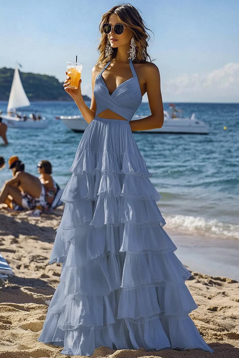 Halter Tiered White 2 Piece Ruffled Formal Dress