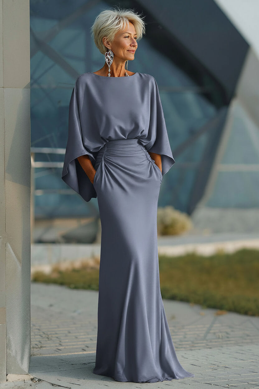 Navy Satin Mermaid Backless Long Mother Of The Bride Dress With Pockets
