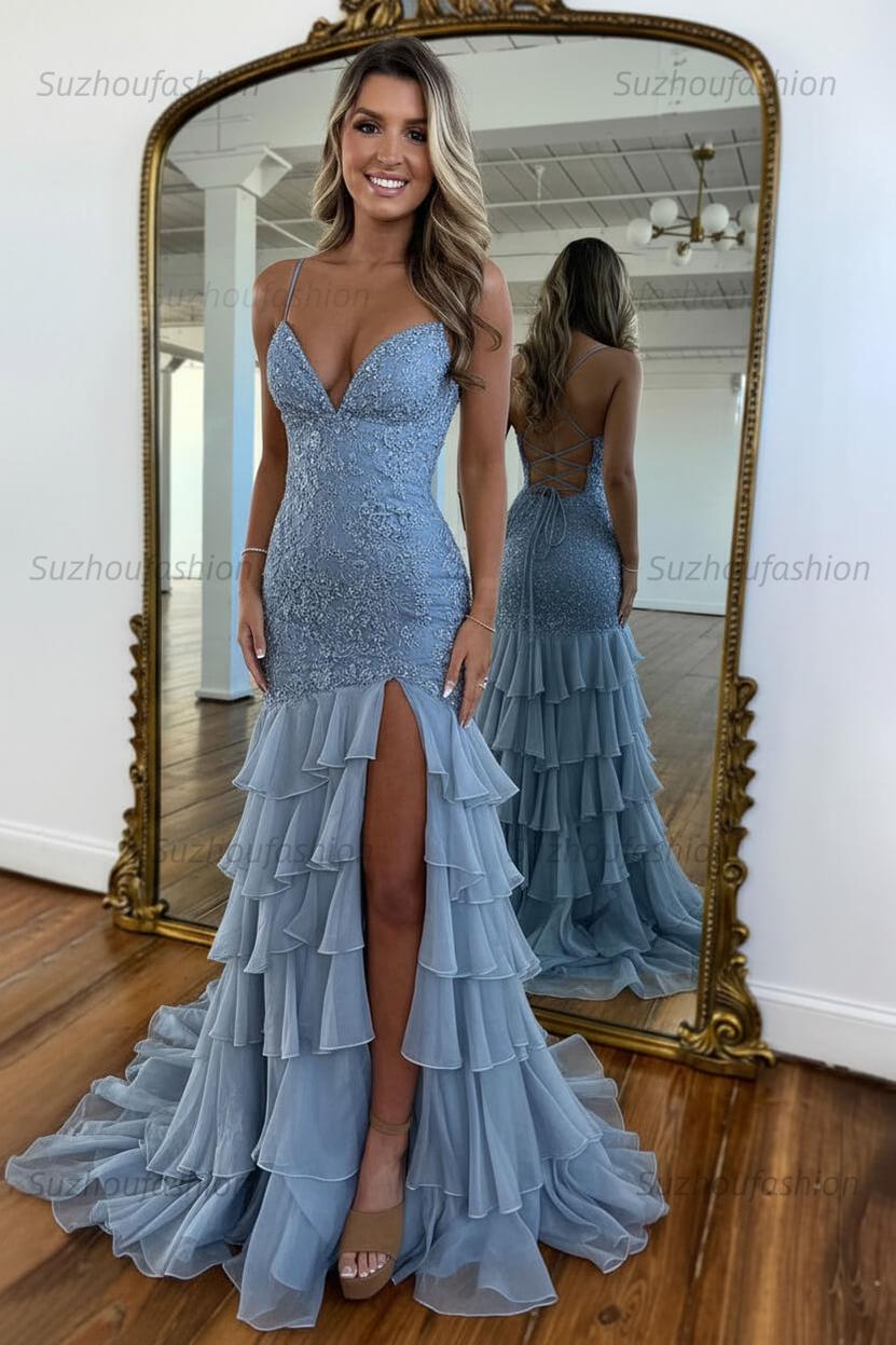 Suzhoufashion Mermaid Spaghetti Straps Lace Up Long Prom Dress With Ruffle Skirt Formal Evening Gown