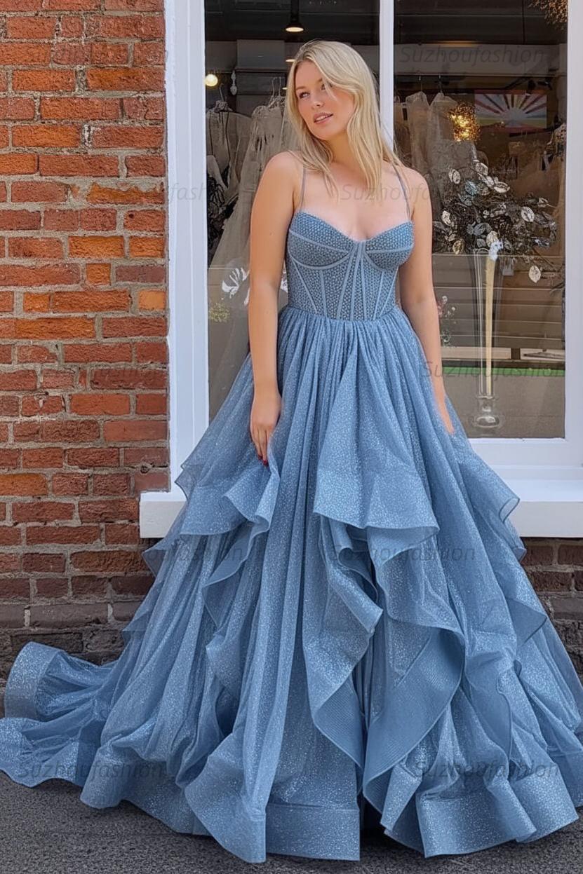 Dark Green A Line Long Corset Prom Dress With Ruffles
