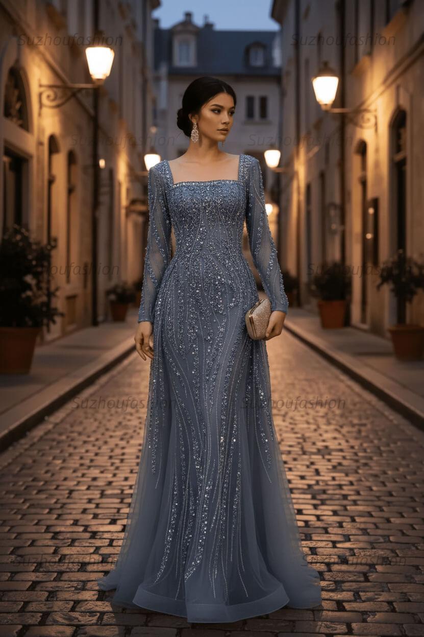 Square Neck Long Sleeves Long Mermaid Evening Formal Dress With Beading Tulle