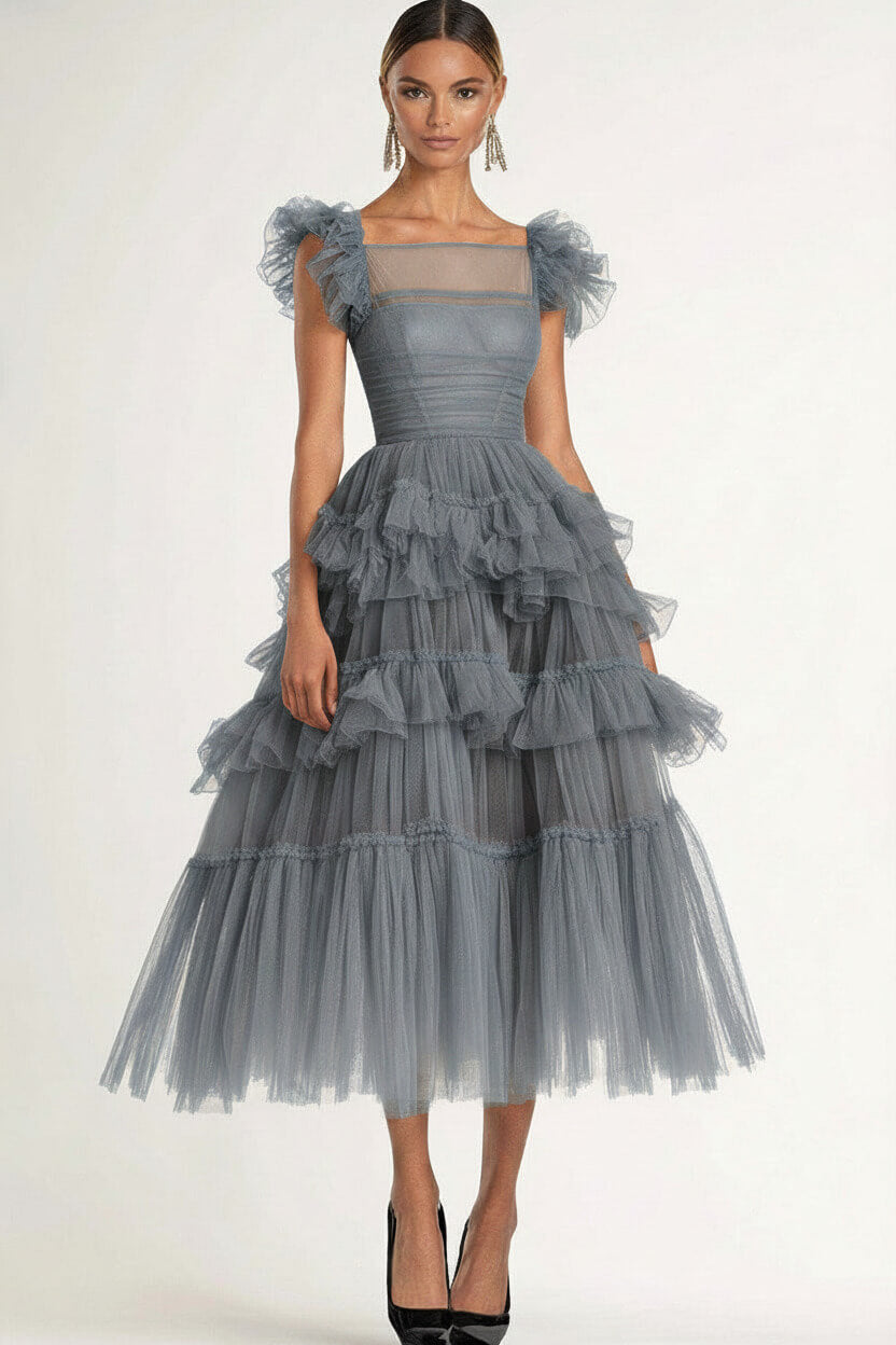 Tea Length Black Wedding Guest Dress A-Line Flatter Sleeves Tulle Formal Dress With Ruffles