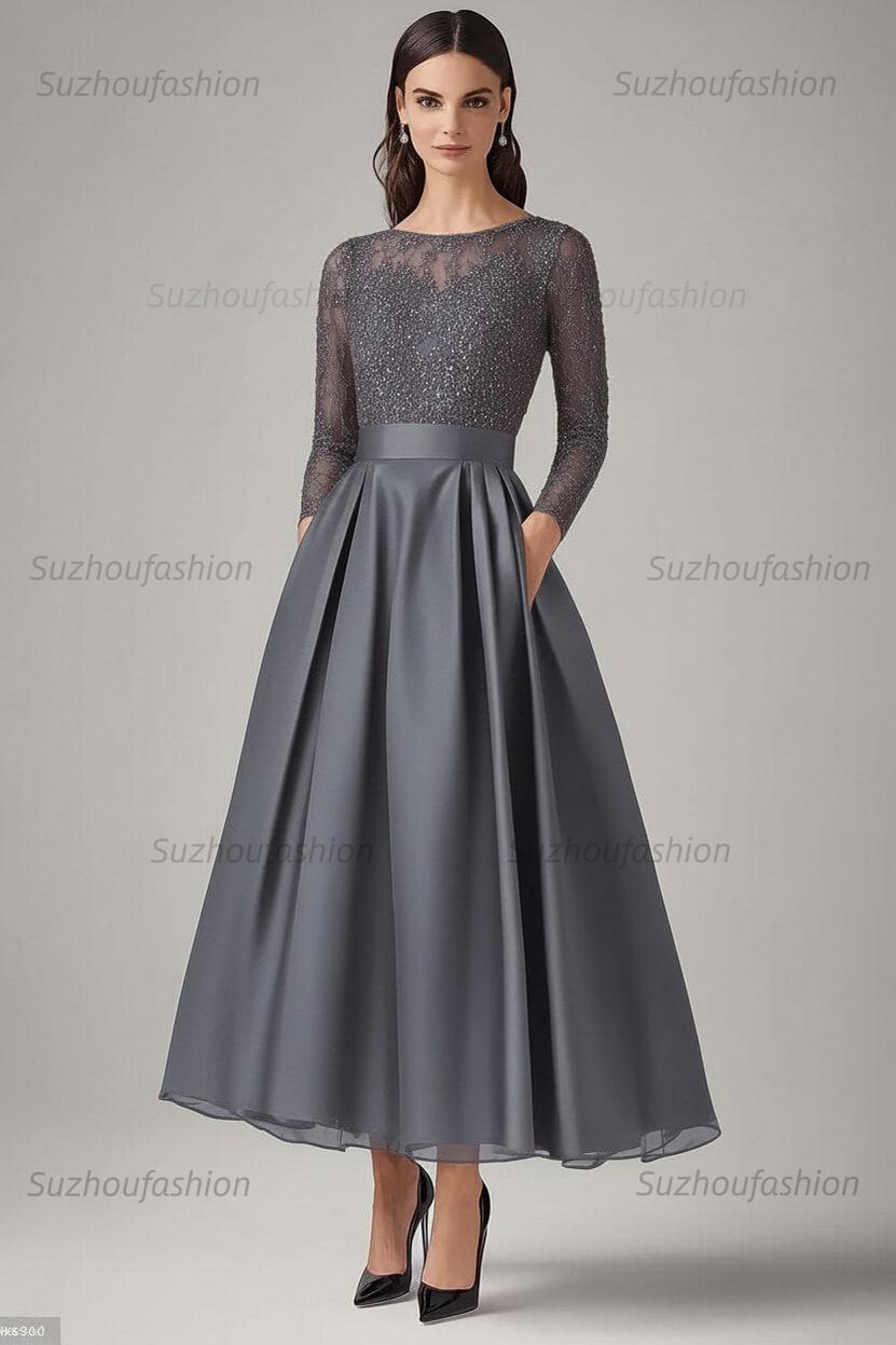Navy Wedding Guest Dress Beaded A Line Long Sleeves Formal Dress With Lace