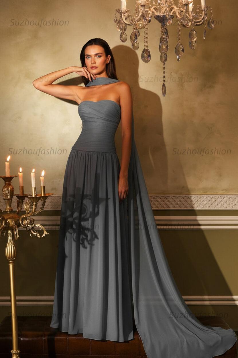 Chiffon Strapless Sleeveless Long Evening Formal Dress With Ruffled Pleated