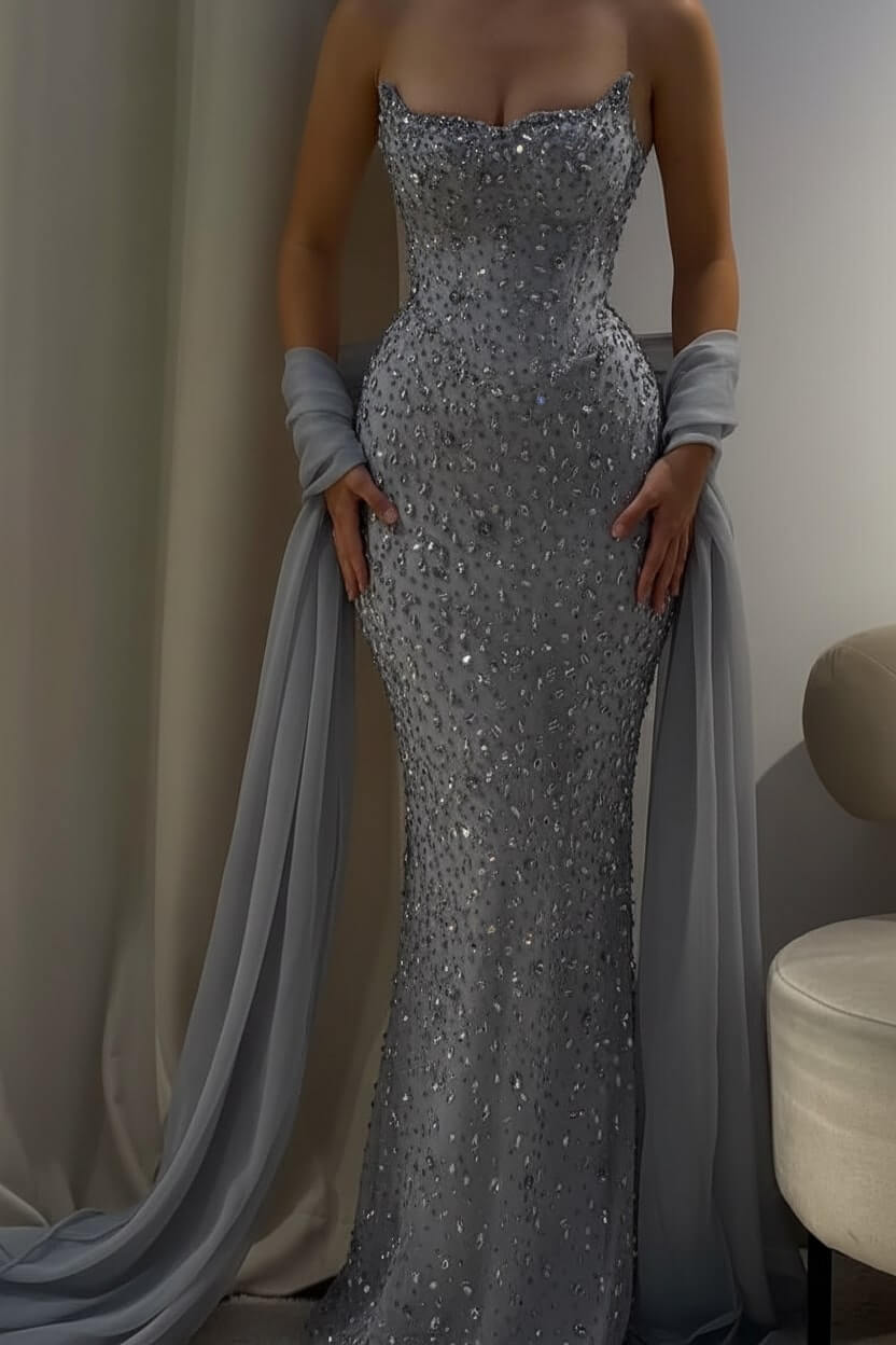 Strapless Sleeveless Long Mermaid Evening Formal Dress With Beading