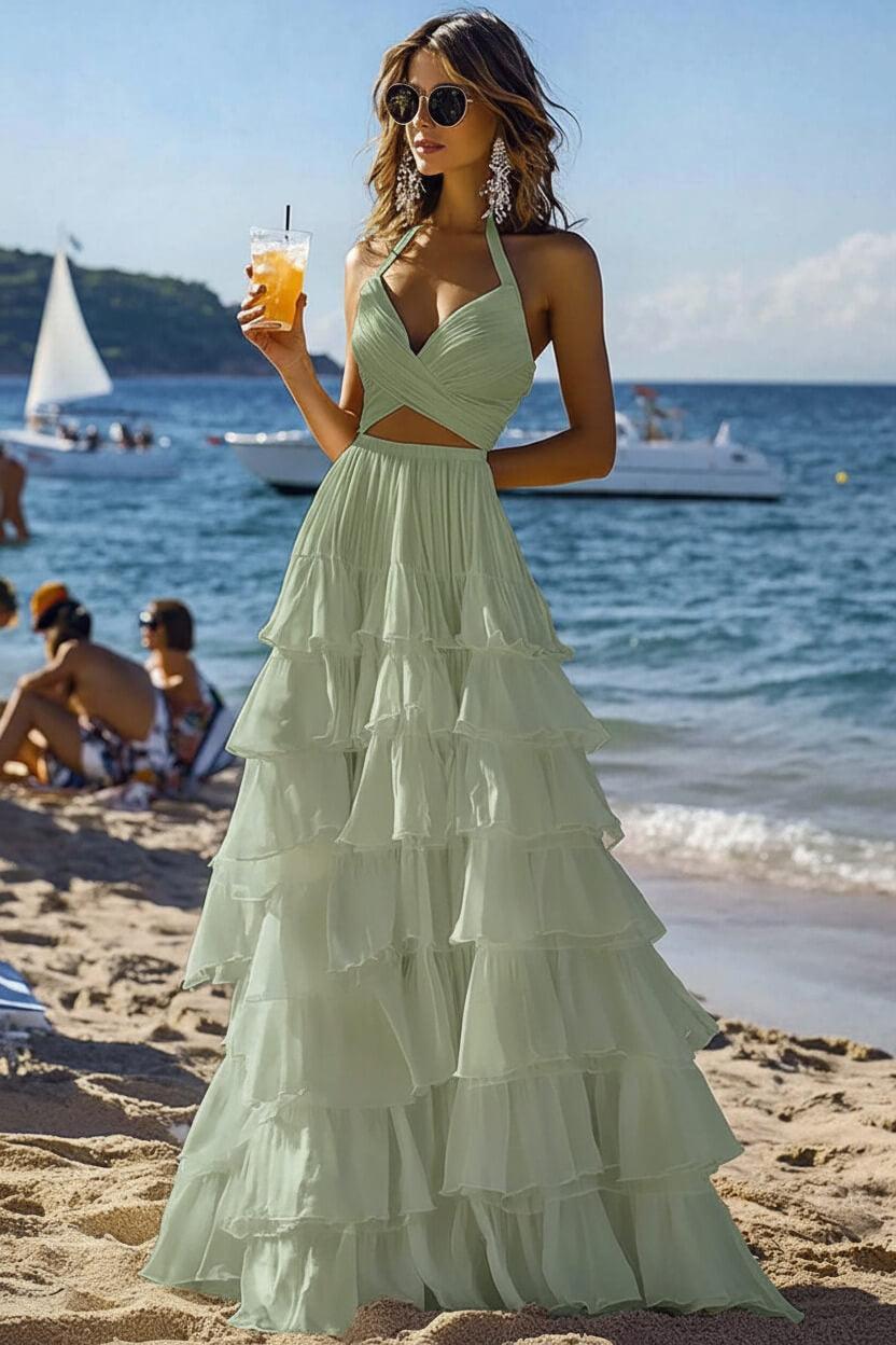 Halter Tiered White 2 Piece Ruffled Formal Dress