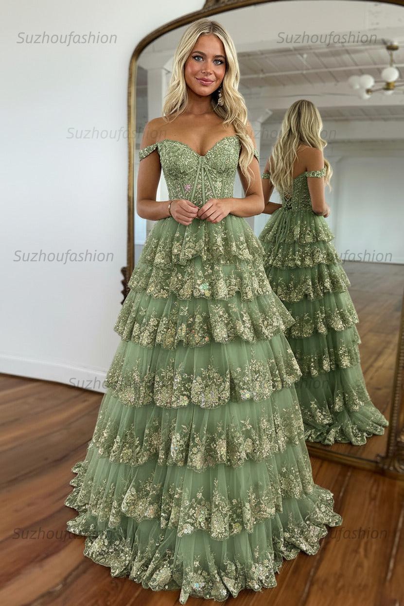 Glitter Hot Pink Corset Off the Shoulder Lace Long Prom Dress