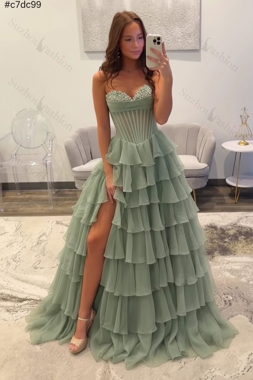 Ruffled Black Prom Dress A Line Corset Long Formal Dress With Beadings