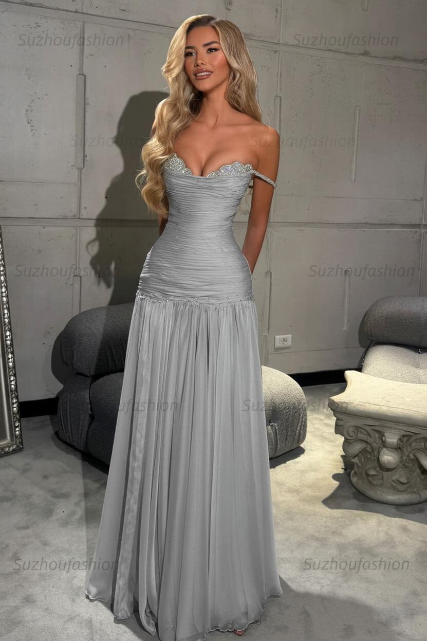 Off The Shoulder Prom Dress Sleeveless Pleated A Line Formal Evening Gown