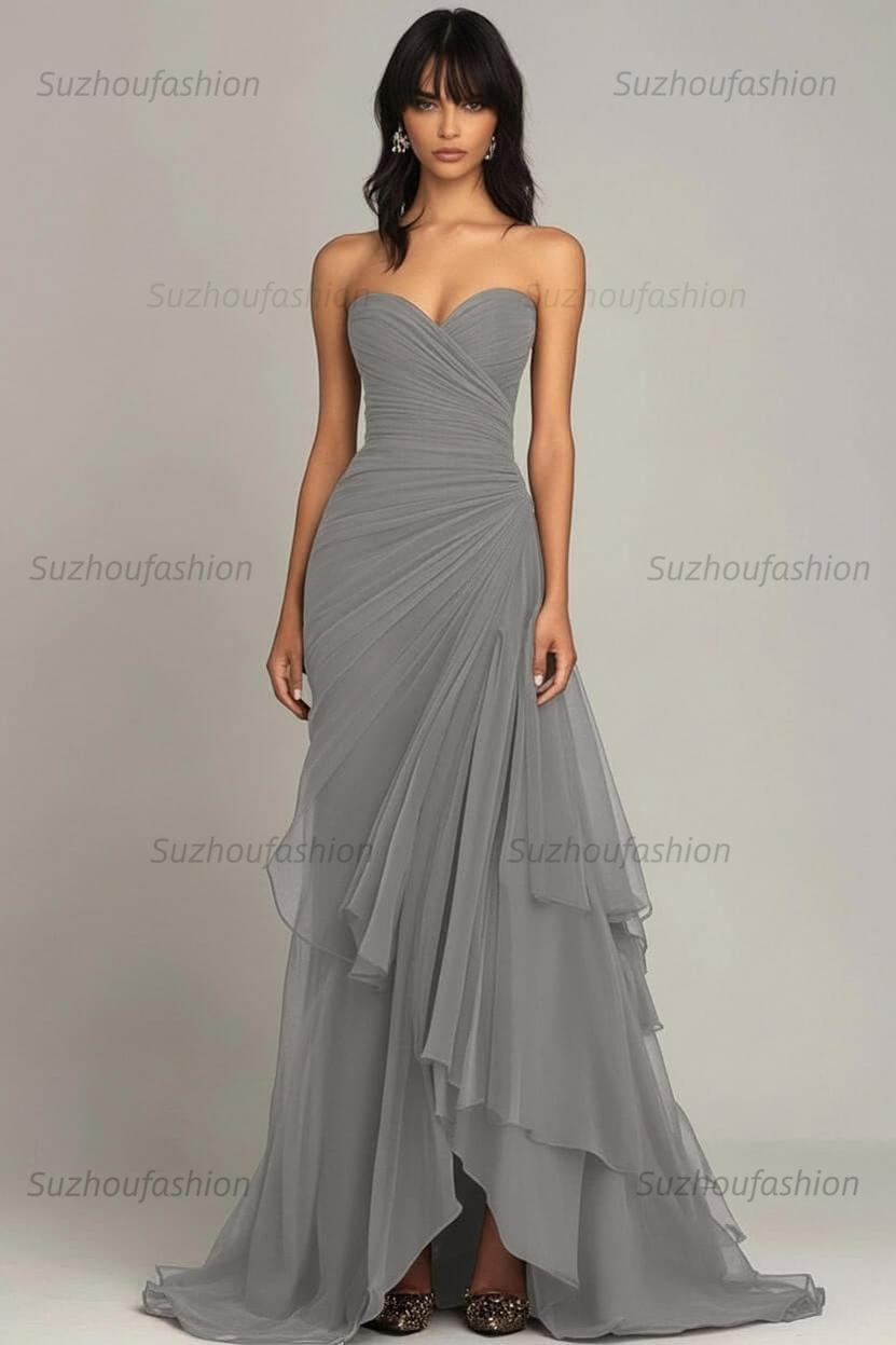 Elegant Sweetheart Ruched Dark Brown Long Formal Dress With Ruffles