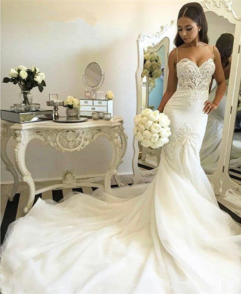 Grgeous Spaghetti-Straps Lace Wedding Dress Mermaid Long Tulle Bridal Gowns