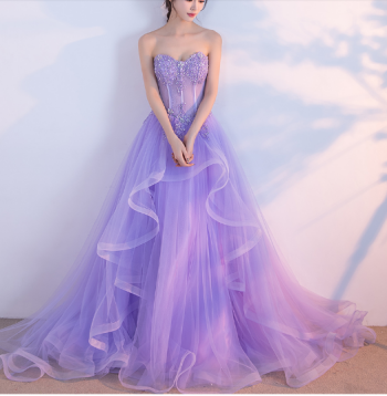 Lilac Sweetheart Tulle Prom Dress Beaded Sequined Princess Prom Dress - VelvetHem