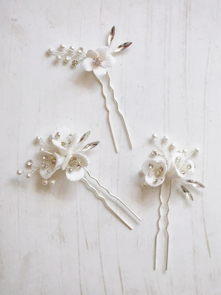 Wedding Accessories Rhinestones Crystal Head Pieces Porcelain Flower Hair Pins Clips Hairpins Brides Headdress Bridal Jewelry silver color